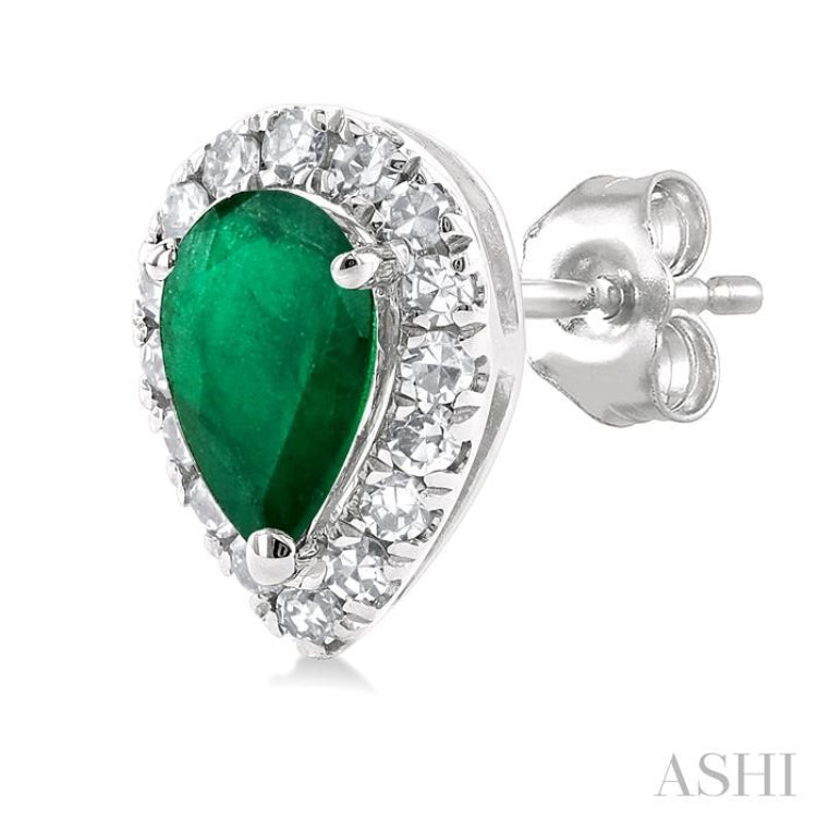 5x3 MM Pear Shape Emerald and 1/8 Ctw Single Cut Diamond Halo Precious Stud Earrings in 10K White Gold 5x3 MM Pear Shape Emerald and 1/8 Ctw Single Cut Diamond Halo Precious Stud Earrings in 10K White Gold