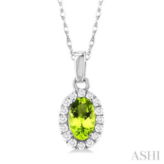 5x3 MM Oval Shape Peridot and 1/20 Ctw Single Cut Diamond Halo Semi-Precious Pendant with Chain in 10K White Gold 5x3 MM Oval Shape Peridot and 1/20 Ctw Single Cut Diamond Halo Semi-Precious Pendant with Chain in 10K White Gold