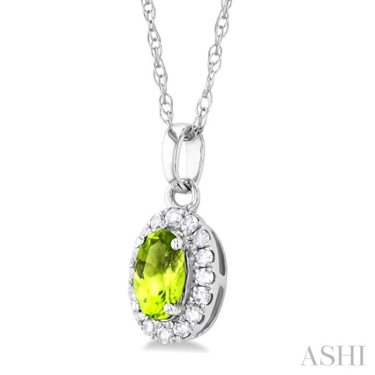 5x3 MM Oval Shape Peridot and 1/20 Ctw Single Cut Diamond Halo Semi-Precious Pendant with Chain in 10K White Gold 5x3 MM Oval Shape Peridot and 1/20 Ctw Single Cut Diamond Halo Semi-Precious Pendant with Chain in 10K White Gold