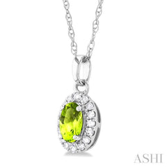 5x3 MM Oval Shape Peridot and 1/20 Ctw Single Cut Diamond Halo Semi-Precious Pendant with Chain in 10K White Gold 5x3 MM Oval Shape Peridot and 1/20 Ctw Single Cut Diamond Halo Semi-Precious Pendant with Chain in 10K White Gold
