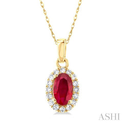 5x3 MM Oval Shape Ruby and 1/20 Ctw Single Cut Diamond Halo Precious Pendant with Chain in 14K Yellow Gold 5x3 MM Oval Shape Ruby and 1/20 Ctw Single Cut Diamond Halo Precious Pendant with Chain in 14K Yellow Gold