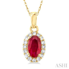 5x3 MM Oval Shape Ruby and 1/20 Ctw Single Cut Diamond Halo Precious Pendant with Chain in 14K Yellow Gold 5x3 MM Oval Shape Ruby and 1/20 Ctw Single Cut Diamond Halo Precious Pendant with Chain in 14K Yellow Gold