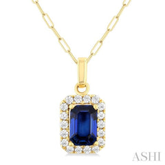 6x4 MM Octagonal Shape Sapphire and 1/6 Ctw Round Cut Diamond Halo Precious Pendant with Chain in 14K Yellow Gold 6x4 MM Octagonal Shape Sapphire and 1/6 Ctw Round Cut Diamond Halo Precious Pendant with Chain in 14K Yellow Gold
