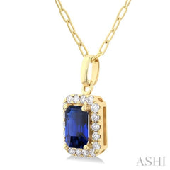 6x4 MM Octagonal Shape Sapphire and 1/6 Ctw Round Cut Diamond Halo Precious Pendant with Chain in 14K Yellow Gold 6x4 MM Octagonal Shape Sapphire and 1/6 Ctw Round Cut Diamond Halo Precious Pendant with Chain in 14K Yellow Gold