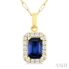 6x4 MM Octagonal Shape Sapphire and 1/6 Ctw Round Cut Diamond Halo Precious Pendant with Chain in 14K Yellow Gold 6x4 MM Octagonal Shape Sapphire and 1/6 Ctw Round Cut Diamond Halo Precious Pendant with Chain in 14K Yellow Gold