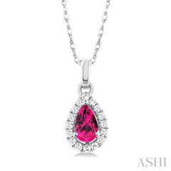 5x3 MM Pear Shape Pink Tourmaline and 1/20 Ctw Single Cut Diamond Halo Semi-Precious Pendant with Chain in 10K White Gold 5x3 MM Pear Shape Pink Tourmaline and 1/20 Ctw Single Cut Diamond Halo Semi-Precious Pendant with Chain in 10K White Gold