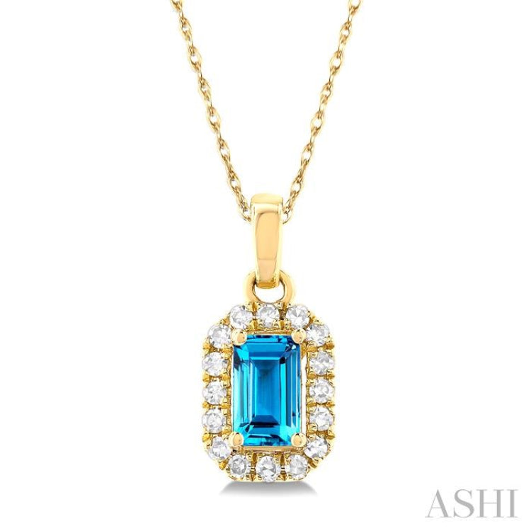 5x3 MM Octagonal Shape Blue Topaz and 1/20 Ctw Single Cut Diamond Halo Semi-Precious Pendant with Chain in 14K Yellow Gold 5x3 MM Octagonal Shape Blue Topaz and 1/20 Ctw Single Cut Diamond Halo Semi-Precious Pendant with Chain in 14K Yellow Gold