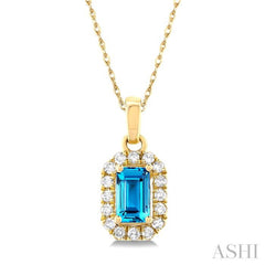 5x3 MM Octagonal Shape Blue Topaz and 1/20 Ctw Single Cut Diamond Halo Semi-Precious Pendant with Chain in 14K Yellow Gold 5x3 MM Octagonal Shape Blue Topaz and 1/20 Ctw Single Cut Diamond Halo Semi-Precious Pendant with Chain in 14K Yellow Gold