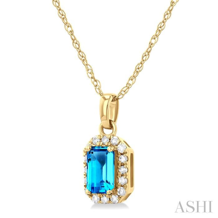 5x3 MM Octagonal Shape Blue Topaz and 1/20 Ctw Single Cut Diamond Halo Semi-Precious Pendant with Chain in 14K Yellow Gold 5x3 MM Octagonal Shape Blue Topaz and 1/20 Ctw Single Cut Diamond Halo Semi-Precious Pendant with Chain in 14K Yellow Gold