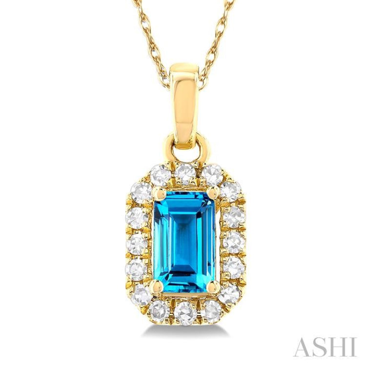 5x3 MM Octagonal Shape Blue Topaz and 1/20 Ctw Single Cut Diamond Halo Semi-Precious Pendant with Chain in 14K Yellow Gold 5x3 MM Octagonal Shape Blue Topaz and 1/20 Ctw Single Cut Diamond Halo Semi-Precious Pendant with Chain in 14K Yellow Gold