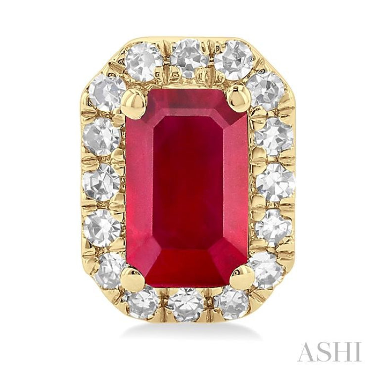5x3 MM Octagonal Shape Ruby and 1/8 Ctw Single Cut Diamond Halo Precious Stud Earrings in 10K Yellow Gold 5x3 MM Octagonal Shape Ruby and 1/8 Ctw Single Cut Diamond Halo Precious Stud Earrings in 10K Yellow Gold