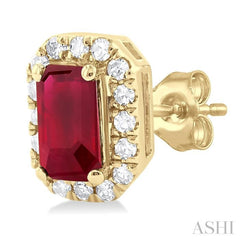 5x3 MM Octagonal Shape Ruby and 1/8 Ctw Single Cut Diamond Halo Precious Stud Earrings in 10K Yellow Gold 5x3 MM Octagonal Shape Ruby and 1/8 Ctw Single Cut Diamond Halo Precious Stud Earrings in 10K Yellow Gold