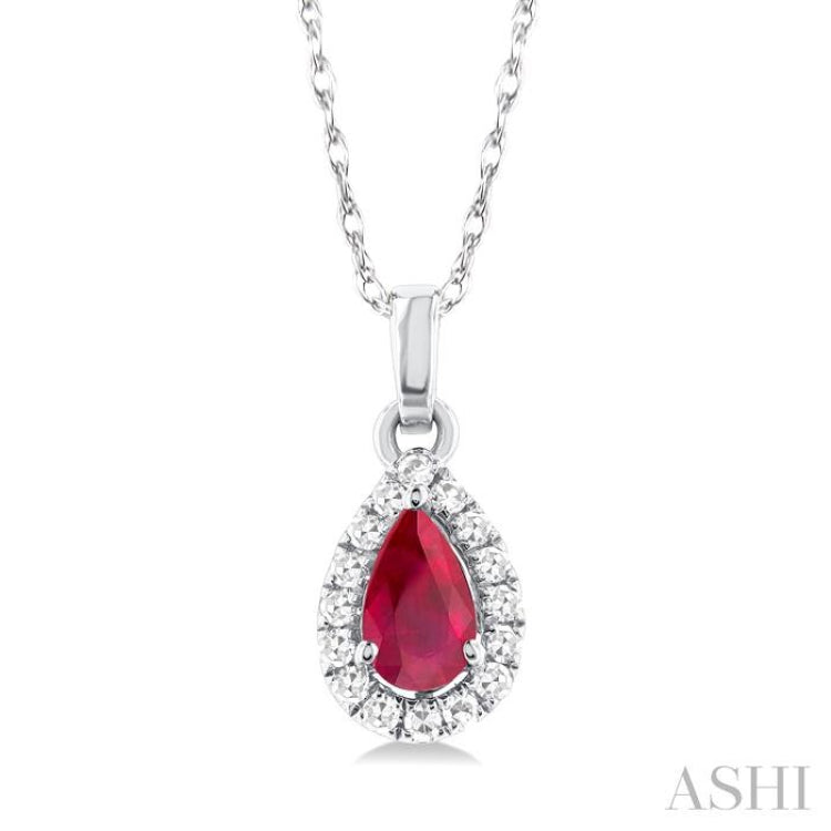 5x3 MM Pear Shape Ruby and 1/20 Ctw Single Cut Diamond Halo Precious Pendant with Chain in 14K White Gold 5x3 MM Pear Shape Ruby and 1/20 Ctw Single Cut Diamond Halo Precious Pendant with Chain in 14K White Gold