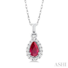 5x3 MM Pear Shape Ruby and 1/20 Ctw Single Cut Diamond Halo Precious Pendant with Chain in 14K White Gold 5x3 MM Pear Shape Ruby and 1/20 Ctw Single Cut Diamond Halo Precious Pendant with Chain in 14K White Gold
