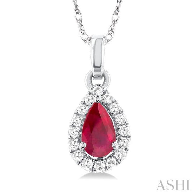 5x3 MM Pear Shape Ruby and 1/20 Ctw Single Cut Diamond Halo Precious Pendant with Chain in 14K White Gold 5x3 MM Pear Shape Ruby and 1/20 Ctw Single Cut Diamond Halo Precious Pendant with Chain in 14K White Gold