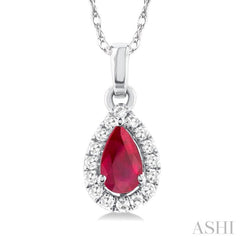 5x3 MM Pear Shape Ruby and 1/20 Ctw Single Cut Diamond Halo Precious Pendant with Chain in 14K White Gold 5x3 MM Pear Shape Ruby and 1/20 Ctw Single Cut Diamond Halo Precious Pendant with Chain in 14K White Gold