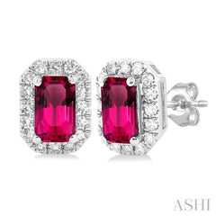 5x3 MM Octagonal Shape Pink Tourmaline and 1/8 Ctw Single Cut Diamond Halo Semi-Precious Stud Earrings in 14K White Gold 5x3 MM Octagonal Shape Pink Tourmaline and 1/8 Ctw Single Cut Diamond Halo Semi-Precious Stud Earrings in 14K White Gold