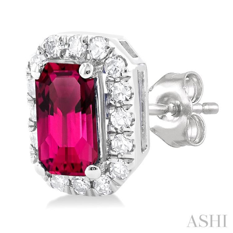 5x3 MM Octagonal Shape Pink Tourmaline and 1/8 Ctw Single Cut Diamond Halo Semi-Precious Stud Earrings in 14K White Gold 5x3 MM Octagonal Shape Pink Tourmaline and 1/8 Ctw Single Cut Diamond Halo Semi-Precious Stud Earrings in 14K White Gold
