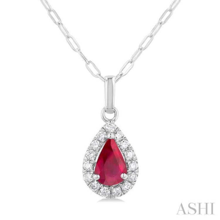 6x4 MM Pear Shape Ruby and 1/6 Ctw Round Cut Diamond Halo Precious Pendant with Chain in 14K White Gold 6x4 MM Pear Shape Ruby and 1/6 Ctw Round Cut Diamond Halo Precious Pendant with Chain in 14K White Gold