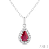 6x4 MM Pear Shape Ruby and 1/6 Ctw Round Cut Diamond Halo Precious Pendant with Chain in 14K White Gold