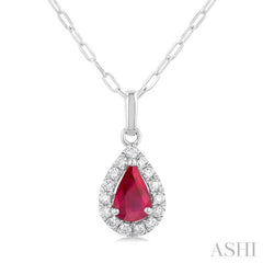 6x4 MM Pear Shape Ruby and 1/6 Ctw Round Cut Diamond Halo Precious Pendant with Chain in 14K White Gold 6x4 MM Pear Shape Ruby and 1/6 Ctw Round Cut Diamond Halo Precious Pendant with Chain in 14K White Gold