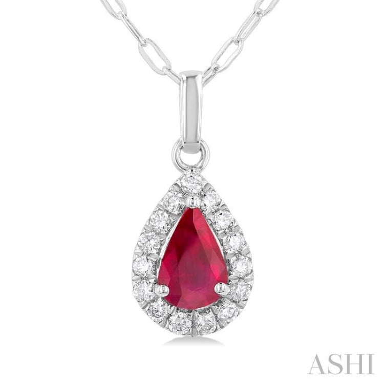6x4 MM Pear Shape Ruby and 1/6 Ctw Round Cut Diamond Halo Precious Pendant with Chain in 14K White Gold 6x4 MM Pear Shape Ruby and 1/6 Ctw Round Cut Diamond Halo Precious Pendant with Chain in 14K White Gold
