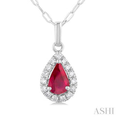 6x4 MM Pear Shape Ruby and 1/6 Ctw Round Cut Diamond Halo Precious Pendant with Chain in 14K White Gold 6x4 MM Pear Shape Ruby and 1/6 Ctw Round Cut Diamond Halo Precious Pendant with Chain in 14K White Gold
