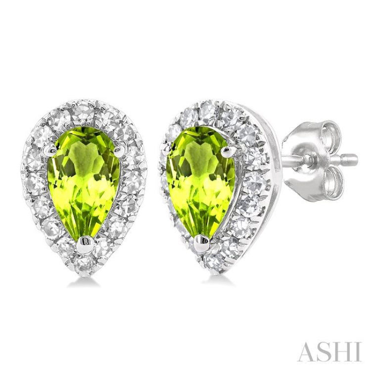 5x3 MM Pear Shape Peridot and 1/8 Ctw Single Cut Diamond Halo Semi-Precious Stud Earrings in 14K White Gold 5x3 MM Pear Shape Peridot and 1/8 Ctw Single Cut Diamond Halo Semi-Precious Stud Earrings in 14K White Gold