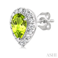 5x3 MM Pear Shape Peridot and 1/8 Ctw Single Cut Diamond Halo Semi-Precious Stud Earrings in 14K White Gold 5x3 MM Pear Shape Peridot and 1/8 Ctw Single Cut Diamond Halo Semi-Precious Stud Earrings in 14K White Gold
