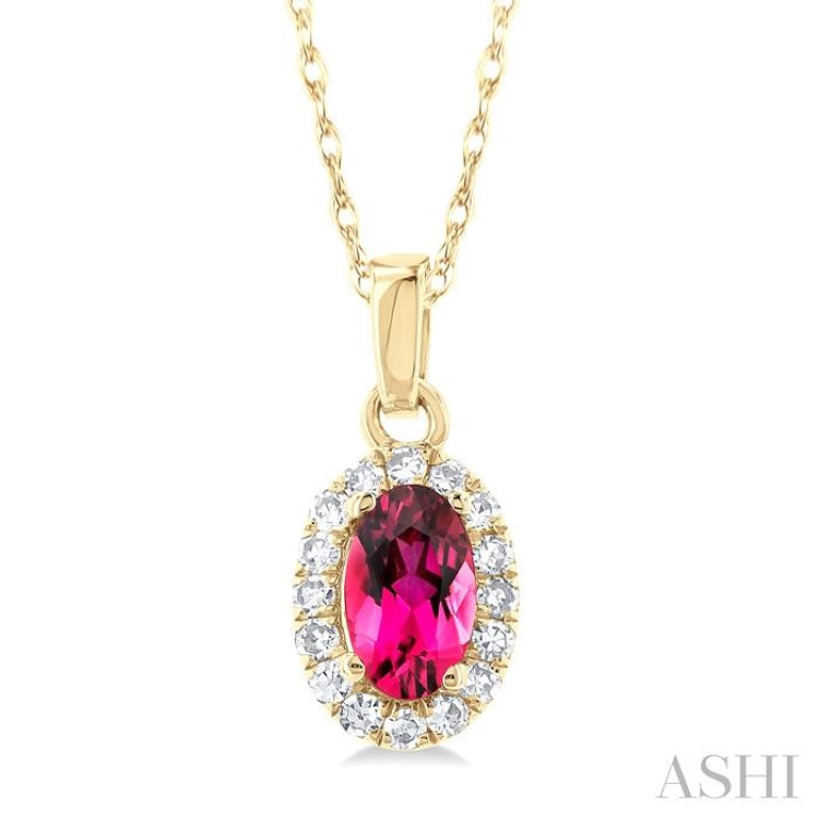 5x3 MM Oval Shape Pink Tourmaline and 1/20 Ctw Single Cut Diamond Halo Semi-Precious Pendant with Chain in 14K Yellow Gold 5x3 MM Oval Shape Pink Tourmaline and 1/20 Ctw Single Cut Diamond Halo Semi-Precious Pendant with Chain in 14K Yellow Gold