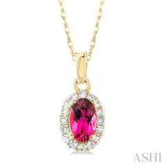 5x3 MM Oval Shape Pink Tourmaline and 1/20 Ctw Single Cut Diamond Halo Semi-Precious Pendant with Chain in 14K Yellow Gold 5x3 MM Oval Shape Pink Tourmaline and 1/20 Ctw Single Cut Diamond Halo Semi-Precious Pendant with Chain in 14K Yellow Gold