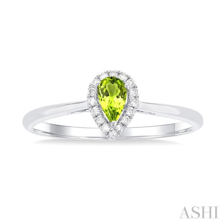 5x3 MM Pear Shape Peridot and 1/20 Ctw Single Cut Diamond Halo Semi-Precious Ring in 14K White Gold 5x3 MM Pear Shape Peridot and 1/20 Ctw Single Cut Diamond Halo Semi-Precious Ring in 14K White Gold