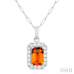6x4 MM Octagonal Shape Citrine and 1/6 Ctw Round Cut Diamond Halo Semi-Precious Pendant with Chain in 14K White Gold 6x4 MM Octagonal Shape Citrine and 1/6 Ctw Round Cut Diamond Halo Semi-Precious Pendant with Chain in 14K White Gold