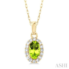 5x3 MM Oval Shape Peridot and 1/20 Ctw Single Cut Diamond Halo Semi-Precious Pendant with Chain in 10K Yellow Gold 5x3 MM Oval Shape Peridot and 1/20 Ctw Single Cut Diamond Halo Semi-Precious Pendant with Chain in 10K Yellow Gold