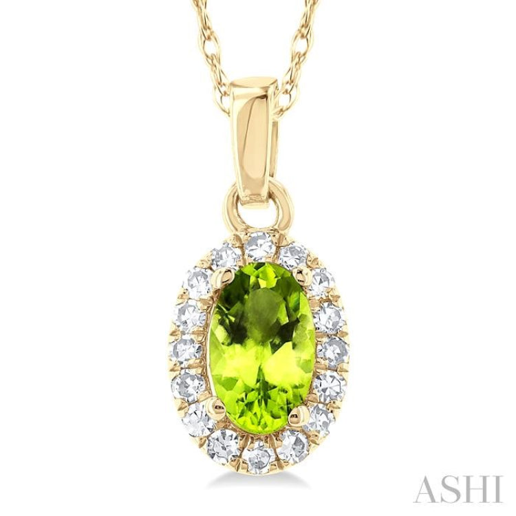 5x3 MM Oval Shape Peridot and 1/20 Ctw Single Cut Diamond Halo Semi-Precious Pendant with Chain in 10K Yellow Gold 5x3 MM Oval Shape Peridot and 1/20 Ctw Single Cut Diamond Halo Semi-Precious Pendant with Chain in 10K Yellow Gold