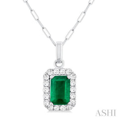 6x4 MM Octagonal Shape Emerald and 1/6 Ctw Round Cut Diamond Halo Precious Pendant with Chain in 10K White Gold 6x4 MM Octagonal Shape Emerald and 1/6 Ctw Round Cut Diamond Halo Precious Pendant with Chain in 10K White Gold