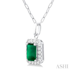 6x4 MM Octagonal Shape Emerald and 1/6 Ctw Round Cut Diamond Halo Precious Pendant with Chain in 10K White Gold 6x4 MM Octagonal Shape Emerald and 1/6 Ctw Round Cut Diamond Halo Precious Pendant with Chain in 10K White Gold