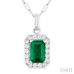 6x4 MM Octagonal Shape Emerald and 1/6 Ctw Round Cut Diamond Halo Precious Pendant with Chain in 10K White Gold 6x4 MM Octagonal Shape Emerald and 1/6 Ctw Round Cut Diamond Halo Precious Pendant with Chain in 10K White Gold