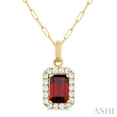 6x4 MM Octagonal Shape Garnet and 1/6 Ctw Round Cut Diamond Halo Semi-Precious Pendant with Chain in 10K Yellow Gold 6x4 MM Octagonal Shape Garnet and 1/6 Ctw Round Cut Diamond Halo Semi-Precious Pendant with Chain in 10K Yellow Gold