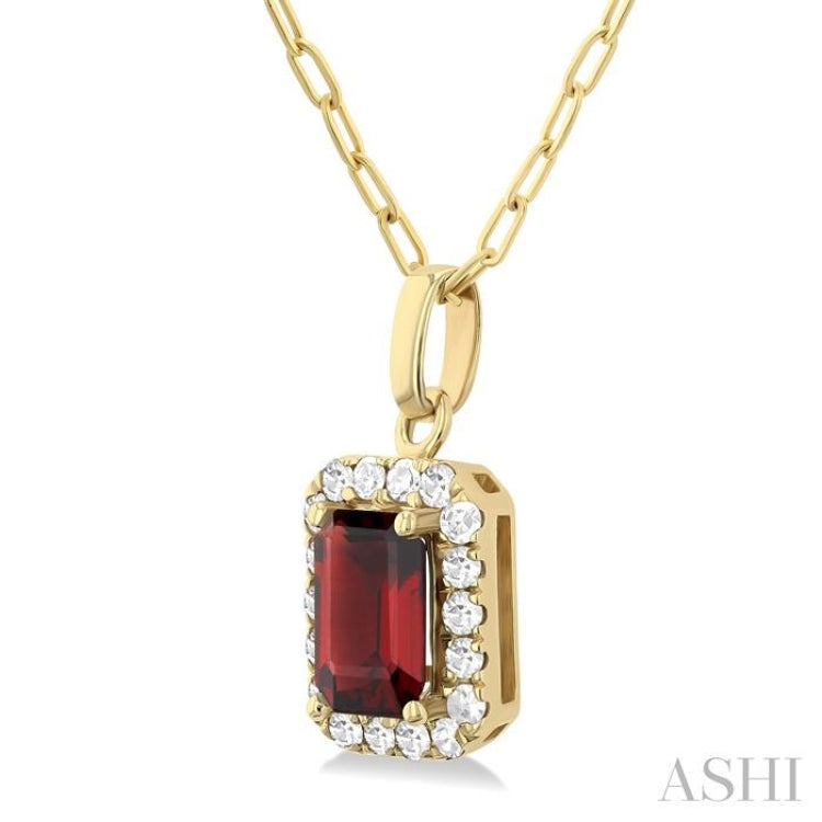 6x4 MM Octagonal Shape Garnet and 1/6 Ctw Round Cut Diamond Halo Semi-Precious Pendant with Chain in 10K Yellow Gold 6x4 MM Octagonal Shape Garnet and 1/6 Ctw Round Cut Diamond Halo Semi-Precious Pendant with Chain in 10K Yellow Gold