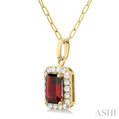 6x4 MM Octagonal Shape Garnet and 1/6 Ctw Round Cut Diamond Halo Semi-Precious Pendant with Chain in 10K Yellow Gold 6x4 MM Octagonal Shape Garnet and 1/6 Ctw Round Cut Diamond Halo Semi-Precious Pendant with Chain in 10K Yellow Gold
