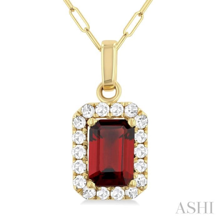 6x4 MM Octagonal Shape Garnet and 1/6 Ctw Round Cut Diamond Halo Semi-Precious Pendant with Chain in 10K Yellow Gold 6x4 MM Octagonal Shape Garnet and 1/6 Ctw Round Cut Diamond Halo Semi-Precious Pendant with Chain in 10K Yellow Gold