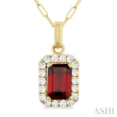6x4 MM Octagonal Shape Garnet and 1/6 Ctw Round Cut Diamond Halo Semi-Precious Pendant with Chain in 10K Yellow Gold 6x4 MM Octagonal Shape Garnet and 1/6 Ctw Round Cut Diamond Halo Semi-Precious Pendant with Chain in 10K Yellow Gold