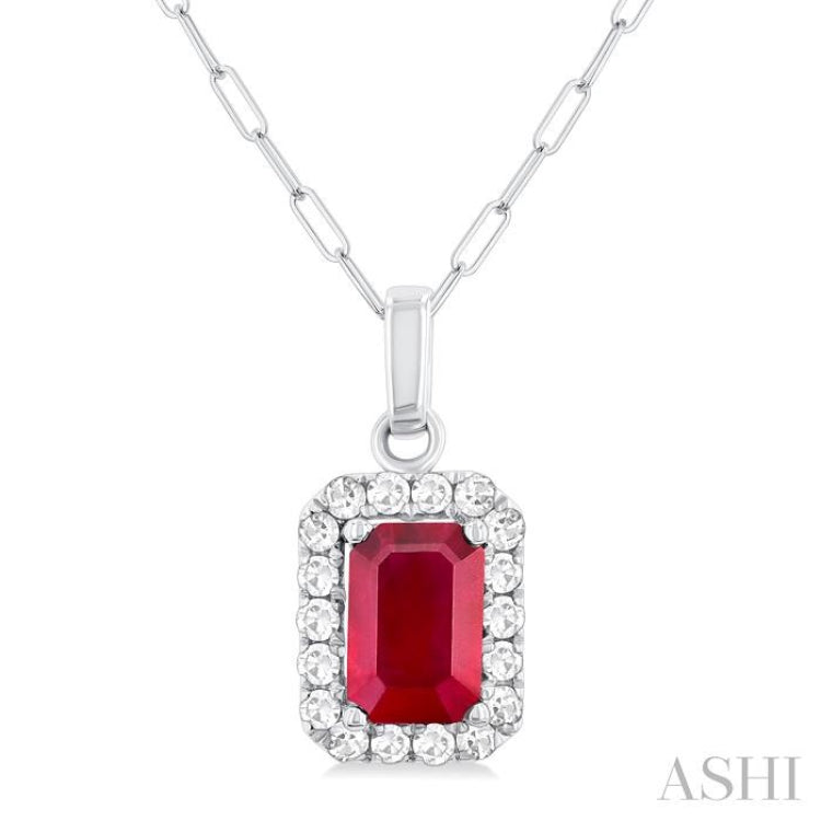 6x4 MM Octagonal Shape Ruby and 1/6 Ctw Round Cut Diamond Halo Precious Pendant with Chain in 10K White Gold 6x4 MM Octagonal Shape Ruby and 1/6 Ctw Round Cut Diamond Halo Precious Pendant with Chain in 10K White Gold