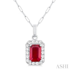 6x4 MM Octagonal Shape Ruby and 1/6 Ctw Round Cut Diamond Halo Precious Pendant with Chain in 10K White Gold 6x4 MM Octagonal Shape Ruby and 1/6 Ctw Round Cut Diamond Halo Precious Pendant with Chain in 10K White Gold