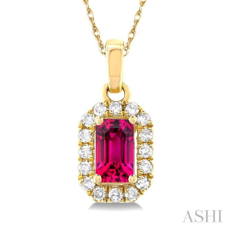 5x3 MM Octagonal Shape Pink Tourmaline and 1/20 Ctw Single Cut Diamond Halo Semi-Precious Pendant with Chain in 14K Yellow Gold 5x3 MM Octagonal Shape Pink Tourmaline and 1/20 Ctw Single Cut Diamond Halo Semi-Precious Pendant with Chain in 14K Yellow Gold