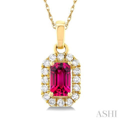 5x3 MM Octagonal Shape Pink Tourmaline and 1/20 Ctw Single Cut Diamond Halo Semi-Precious Pendant with Chain in 14K Yellow Gold 5x3 MM Octagonal Shape Pink Tourmaline and 1/20 Ctw Single Cut Diamond Halo Semi-Precious Pendant with Chain in 14K Yellow Gold