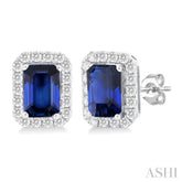 6x4 MM Octagonal Shape Sapphire and 1/4 Ctw Round Cut Diamond Halo Precious Stud Earrings in 10K White Gold