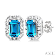 5x3 MM Octagonal Shape Blue Topaz and 1/8 Ctw Single Cut Diamond Halo Semi-Precious Stud Earrings in 10K White Gold 5x3 MM Octagonal Shape Blue Topaz and 1/8 Ctw Single Cut Diamond Halo Semi-Precious Stud Earrings in 10K White Gold