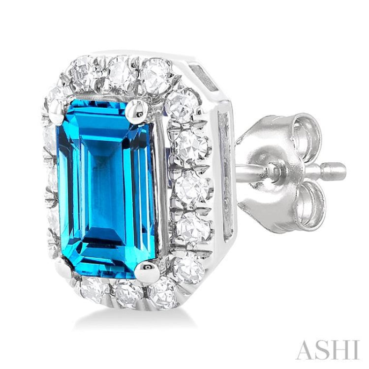 5x3 MM Octagonal Shape Blue Topaz and 1/8 Ctw Single Cut Diamond Halo Semi-Precious Stud Earrings in 10K White Gold 5x3 MM Octagonal Shape Blue Topaz and 1/8 Ctw Single Cut Diamond Halo Semi-Precious Stud Earrings in 10K White Gold